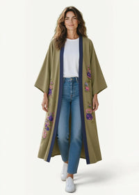Olive green knee length kimono with purple and pink floral embroidery along the sides