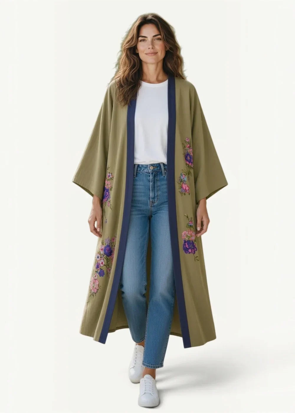 Olive green knee length kimono with purple and pink floral embroidery along the sides