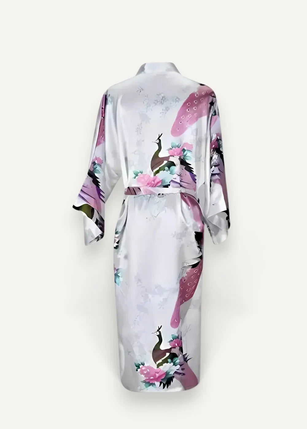 Knee length white satin robe with a delicate pattern of pink peacocks and flowers