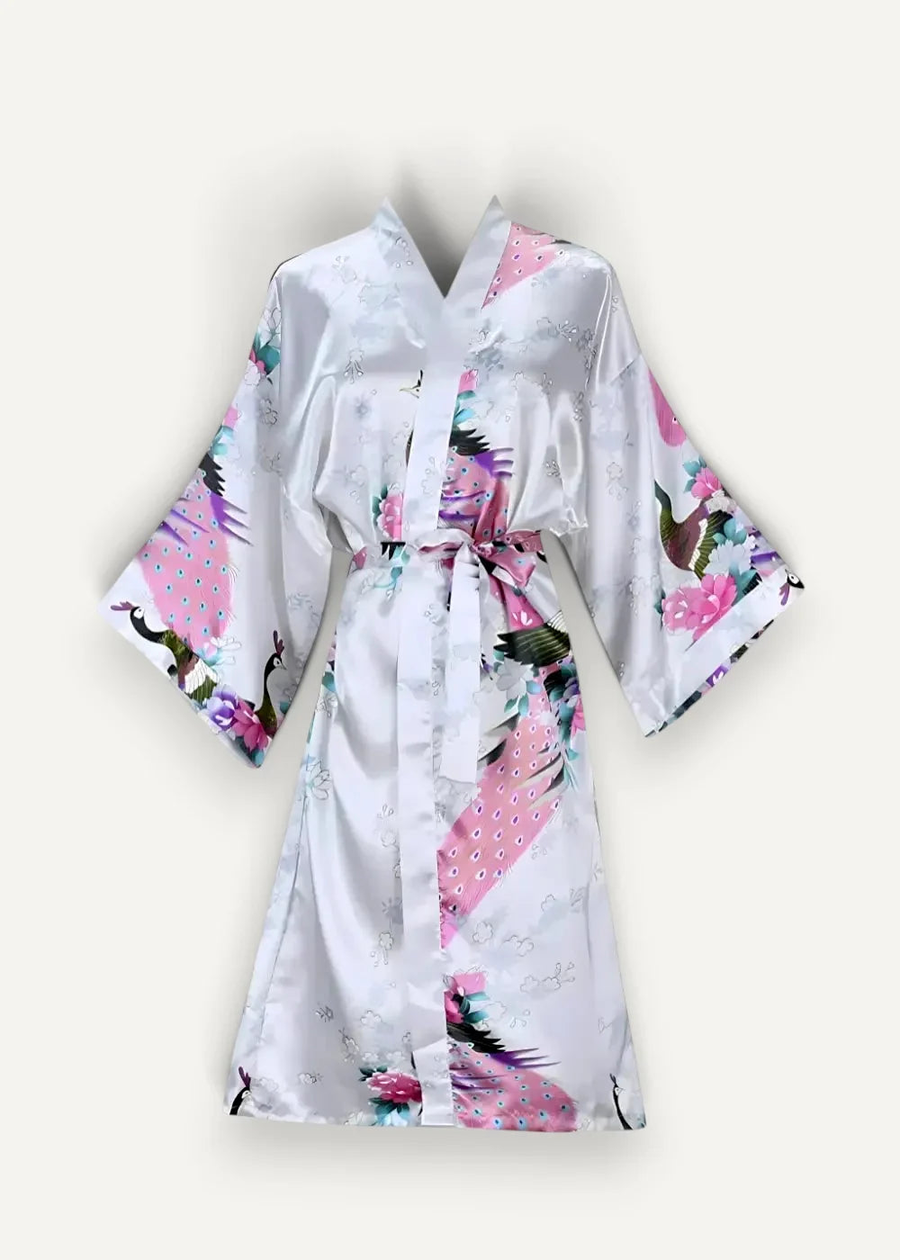 Knee length satin robe in white with pink and purple peacock feather pattern on smooth satin fabric