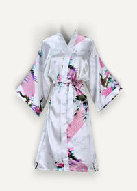 Knee length satin robe in white with pink and purple peacock feather pattern on smooth satin fabric