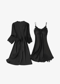 Black satin lace nightgown and robe set featuring long robe with lace-trimmed hem and lace-detail camisole