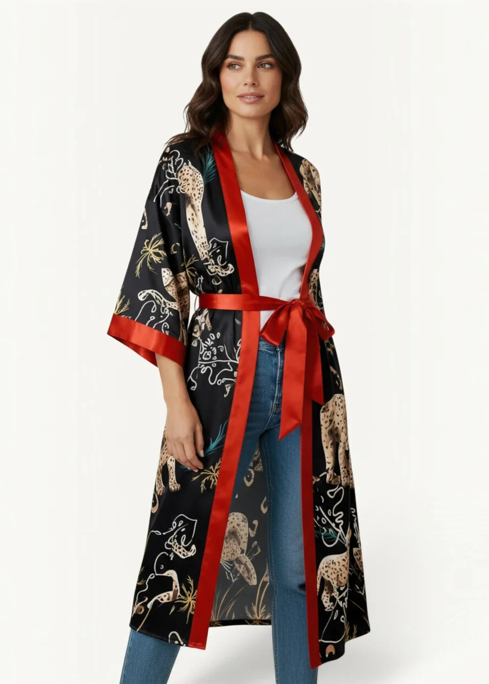 Black satin leopard satin robe with bold red sash and intricate leopard print design