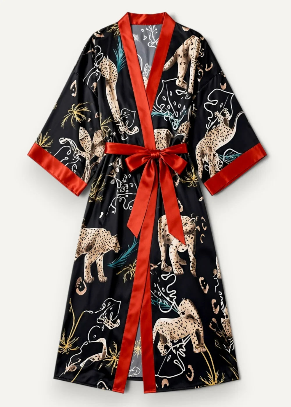 Black satin leopard robe with vibrant red ribbon belt and trim featuring beige and gold leopard pattern on dark background