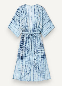 Light kimono light blue and navy tie-dye kimono-style dress with self-tie belt in lightweight fabric