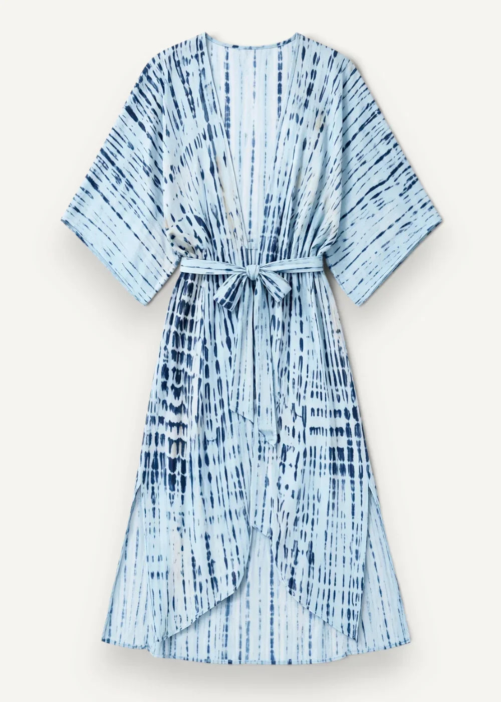 Light kimono light blue and navy tie-dye kimono-style dress with self-tie belt in lightweight fabric
