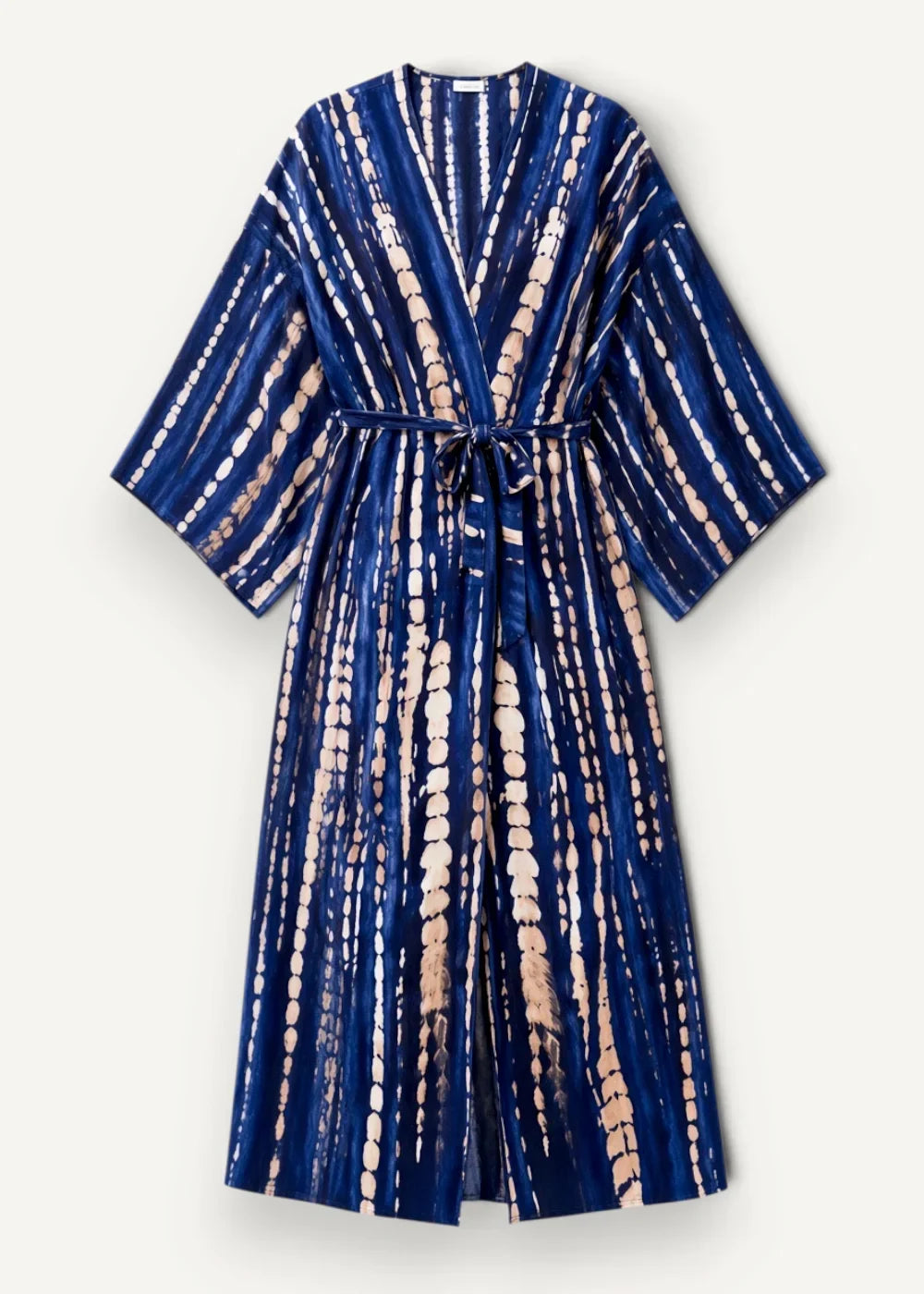 Lightweight kimono cover up navy blue tie dye robe with beige white stripes v neckline three quarter sleeves self tie belt