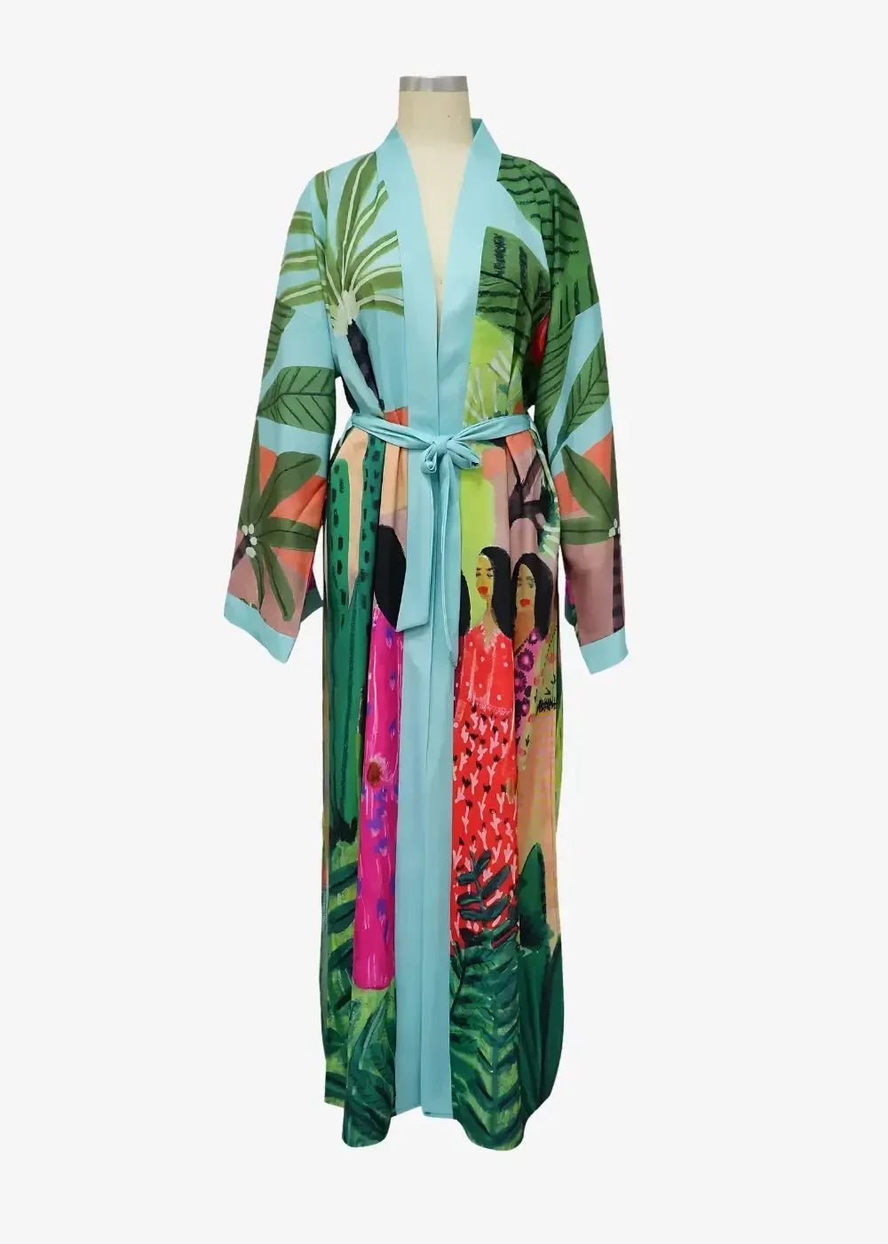 Lightweight kimono with tropical print featuring lush green leaves and bold pink and red stylized figures