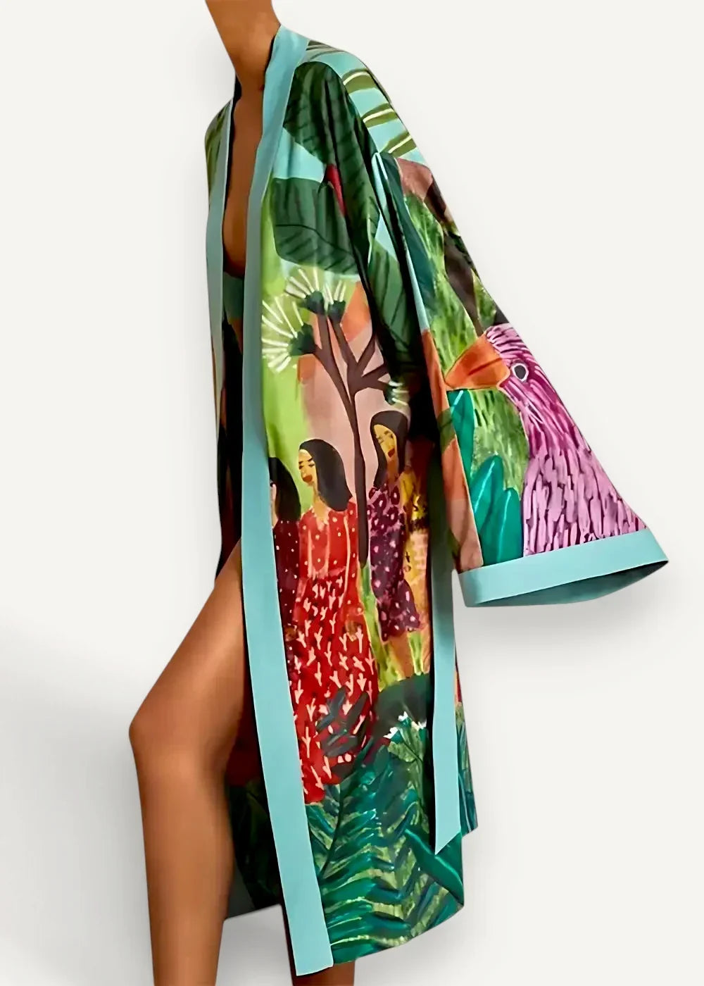 Lightweight kimono robe with tropical jungle print featuring green leaves, colorful birds, and light blue trim