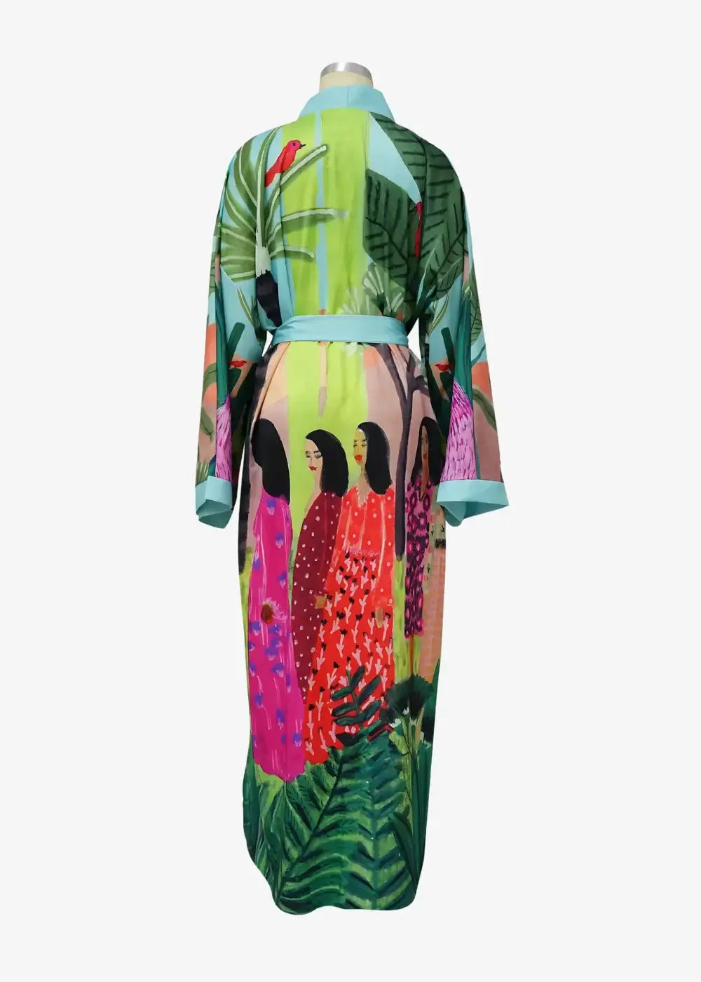 Lightweight kimono robe with vibrant tropical print and bold green pink and red botanical patterns featuring stylized figures