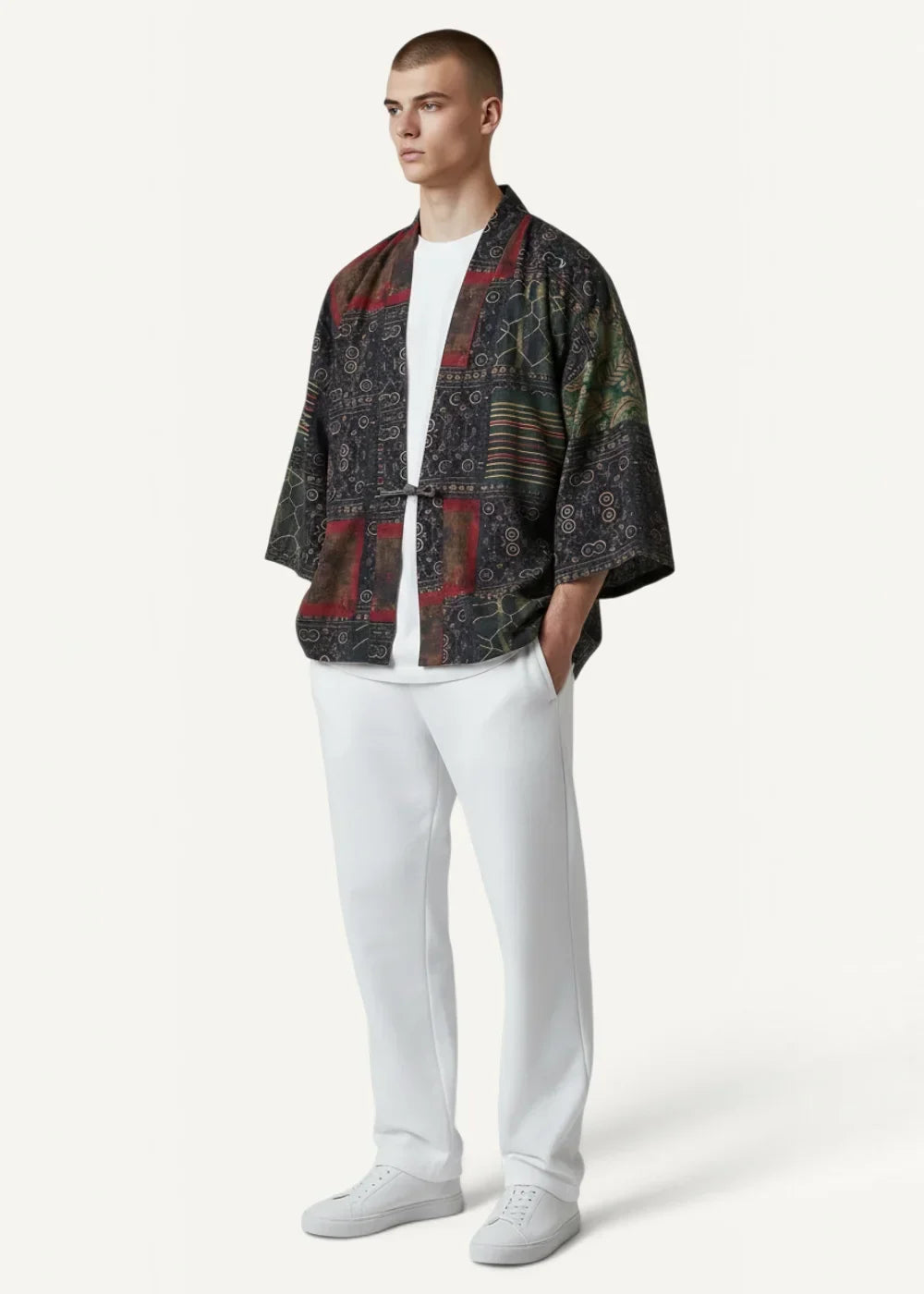 Linen haori dark patterned kimono-style jacket with red and green accents worn over white t-shirt