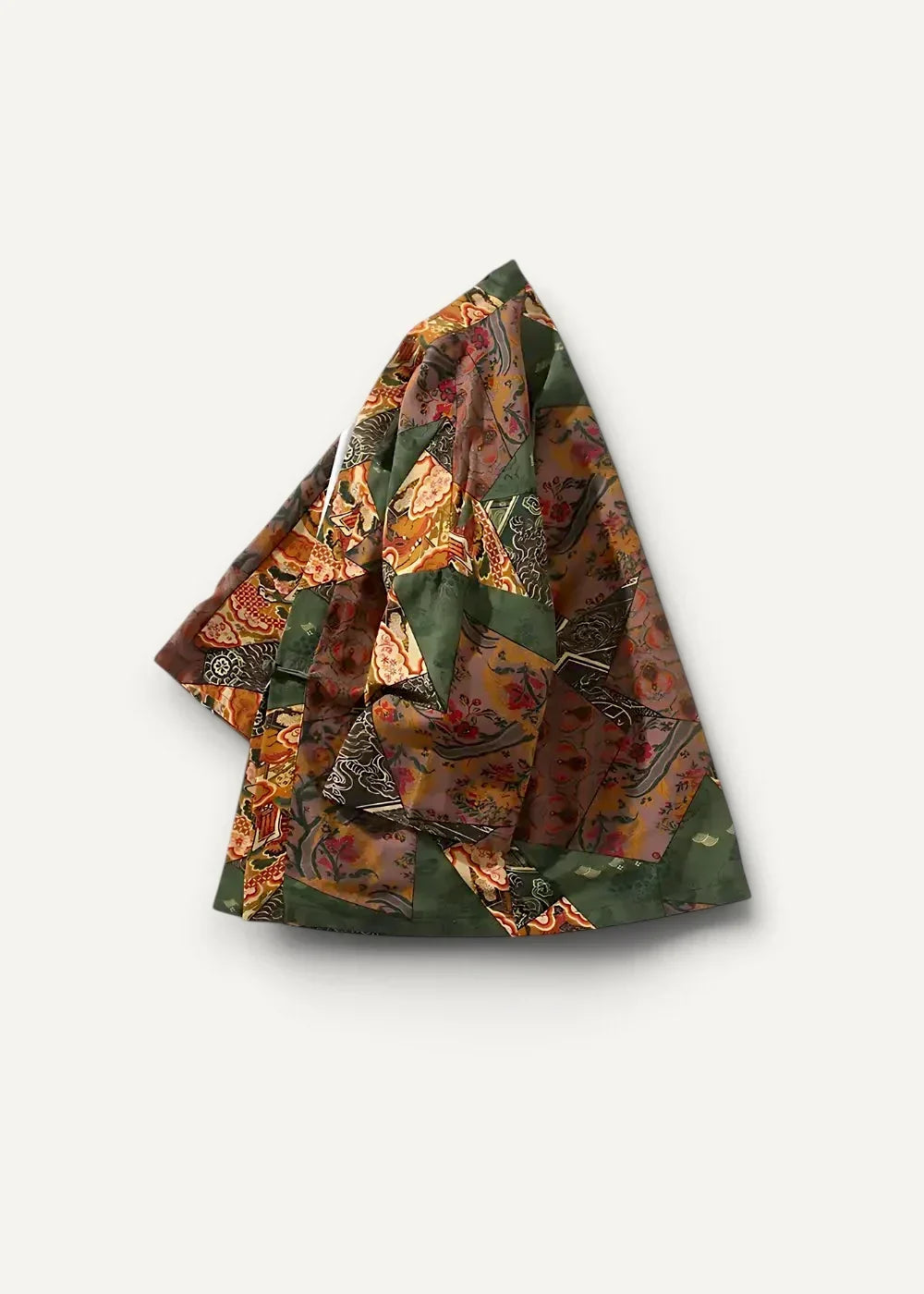 Linen kimono jacket in earthy olive green rust orange and brown patchwork with floral and paisley patterns on soft fabric