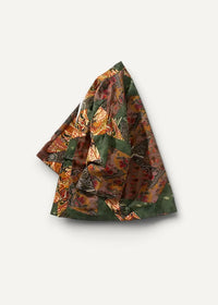 Linen kimono jacket in earthy olive green rust orange and brown patchwork with floral and paisley patterns on soft fabric