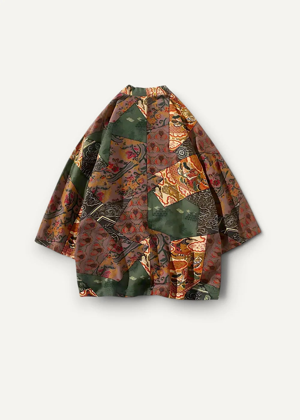 Linen kimono jacket in patchwork style with earthy olive green rust orange and brown floral geometric patterns