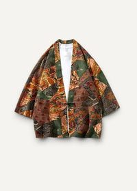 Linen kimono jacket featuring patchwork green and orange patterns with intricate traditional designs