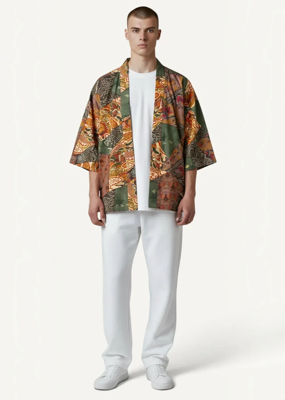 Linen kimono jacket featuring vibrant orange and green patchwork with intricate floral patterns in a men’s style