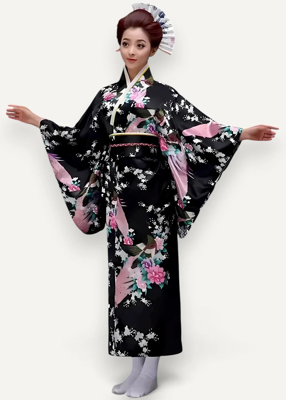 Long black satin robe with black silk kimono design featuring pink and white floral patterns and gold-trimmed obi belt