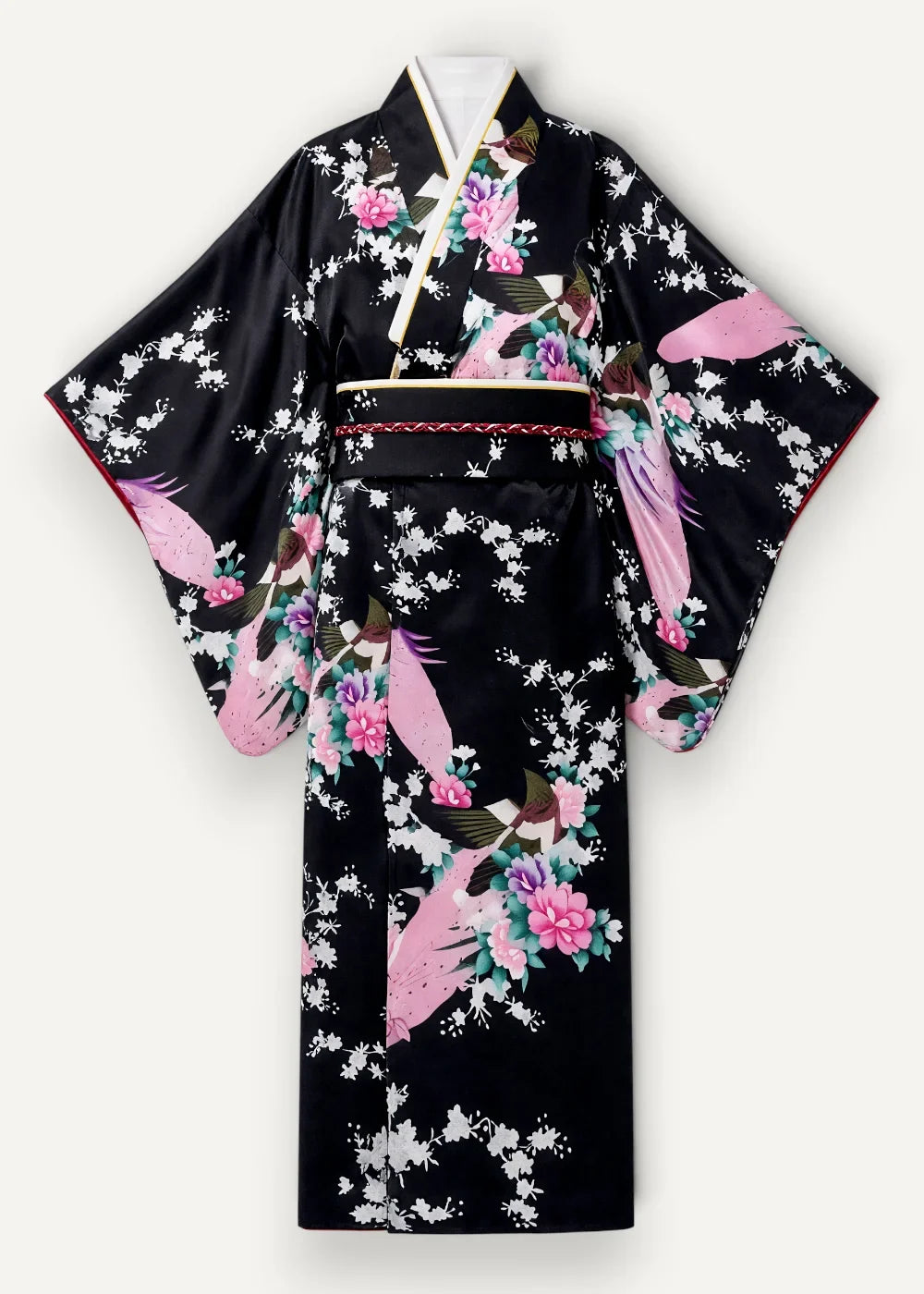 Long black satin robe in silk with vibrant pink cranes and blossoms and a contrasting white obi belt