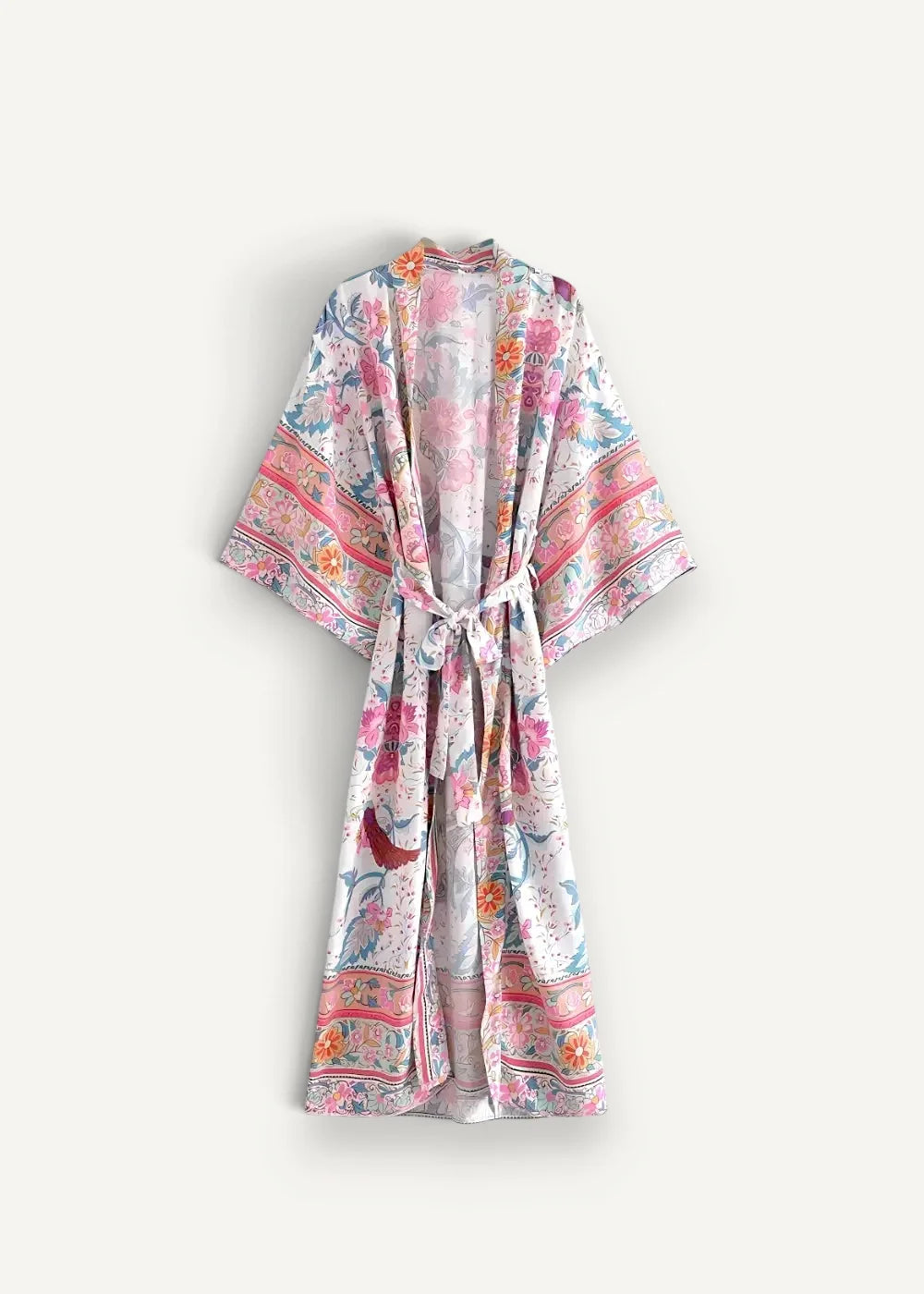 Long boho kimono flowing light pink floral design with matching belt and decorative borders for stylish layering