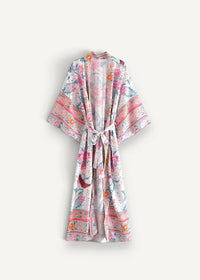 Long boho kimono flowing light pink floral design with matching belt and decorative borders for stylish layering