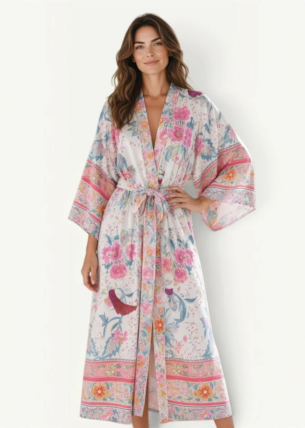 Long boho kimono flowing white robe with vibrant pink and pastel floral patterns and decorative borders