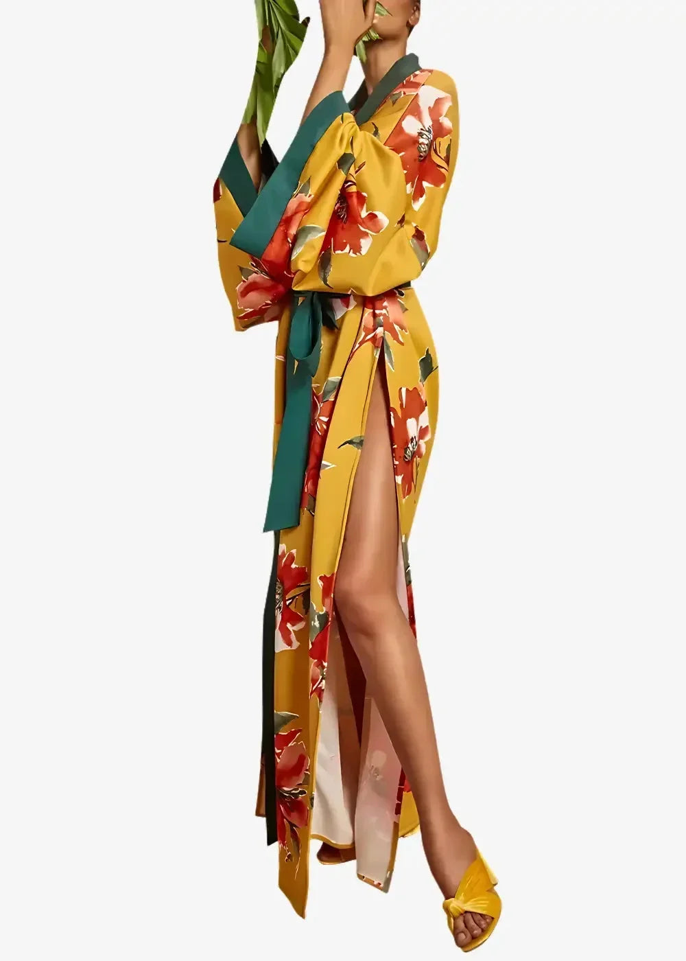 Long floral kimono duster in vibrant yellow with bold red and green accents, high slit, and wide sleeves