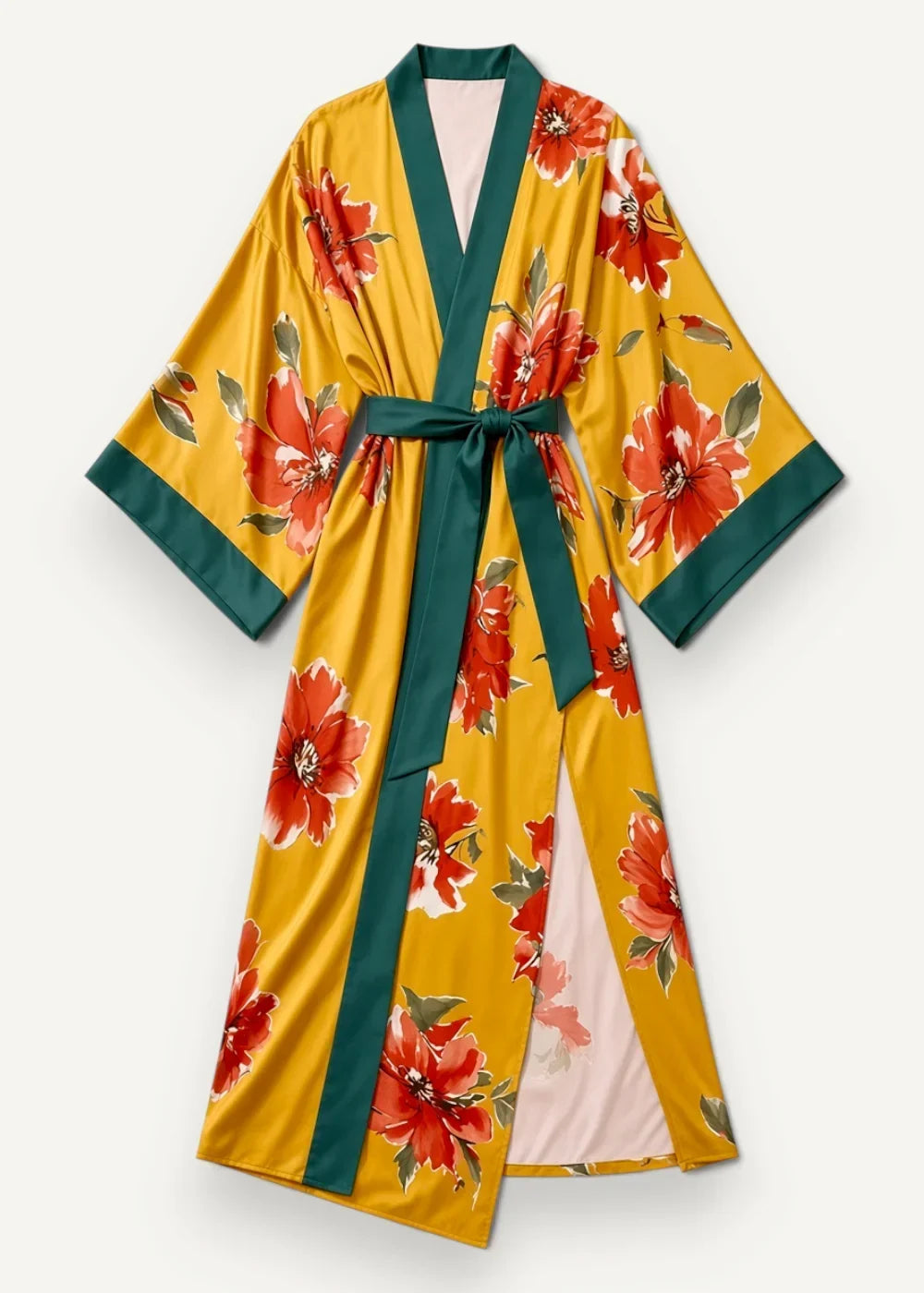 Long floral kimono duster in vibrant yellow with bold red flowers and dark green trim featuring a waist belt