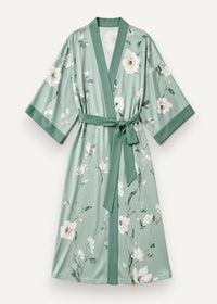 Long green satin robe in soft sage silk with delicate white floral pattern and matching belt for elegant loungewear