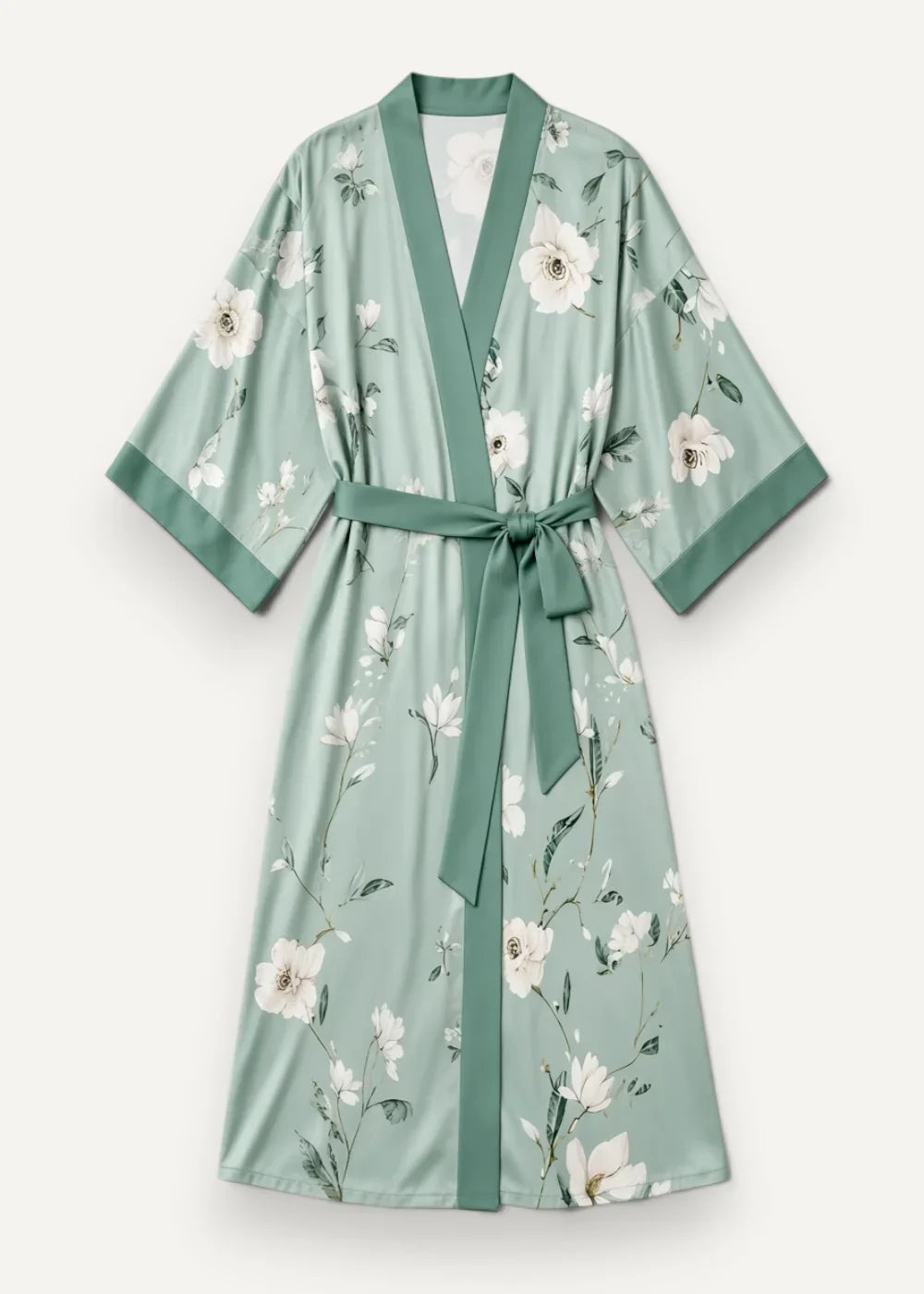 Long green satin robe in soft sage silk with delicate white floral pattern and matching belt for elegant loungewear