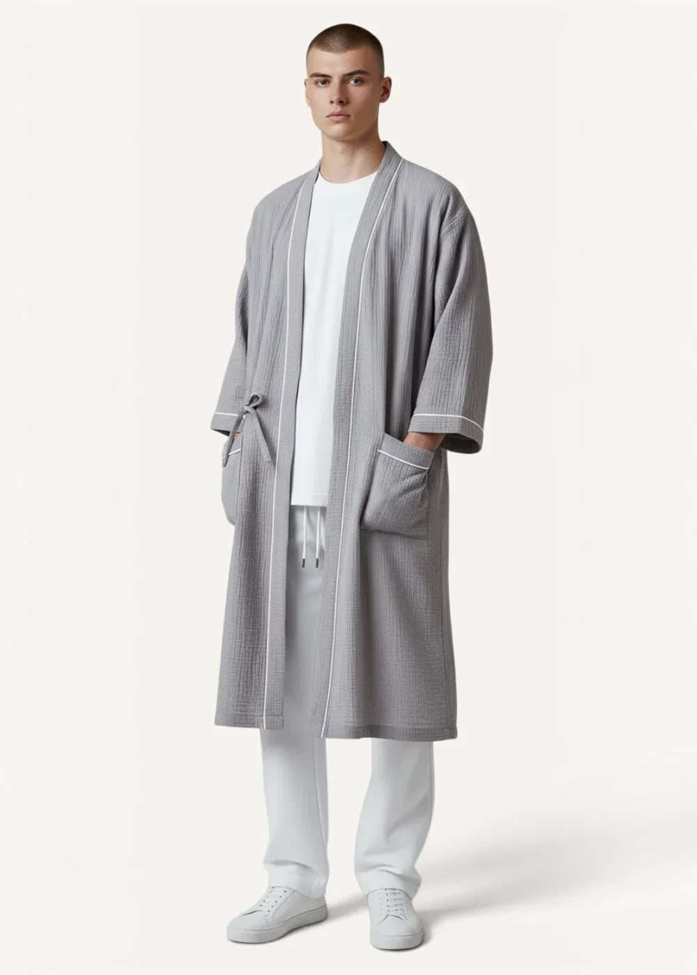 Long kimono bathrobe in gray stripes with white piping and matching pockets made of soft fabric for comfort