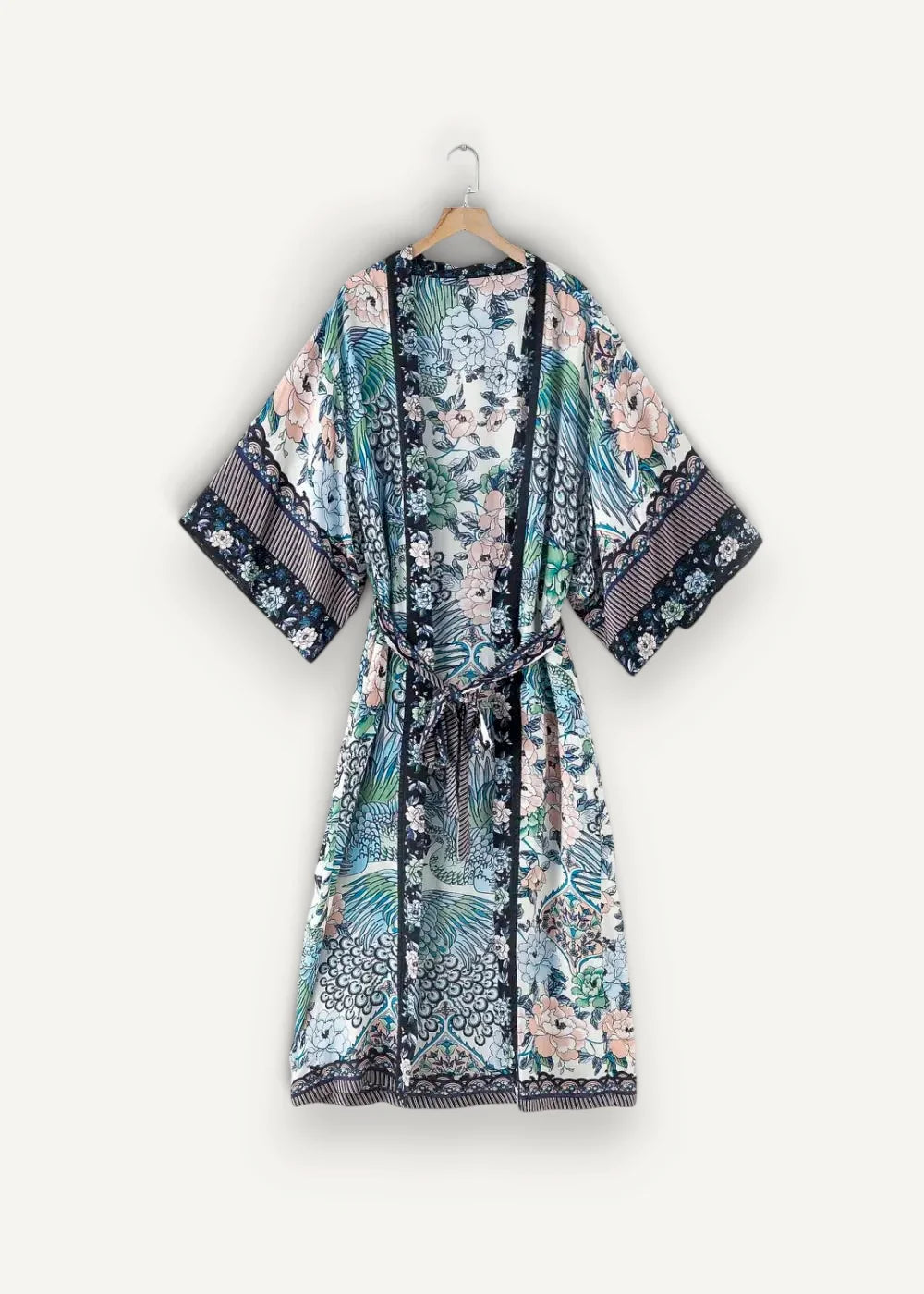 Long kimono beach cover up with short sleeves lace trim and vibrant teal pink and black floral peacock pattern