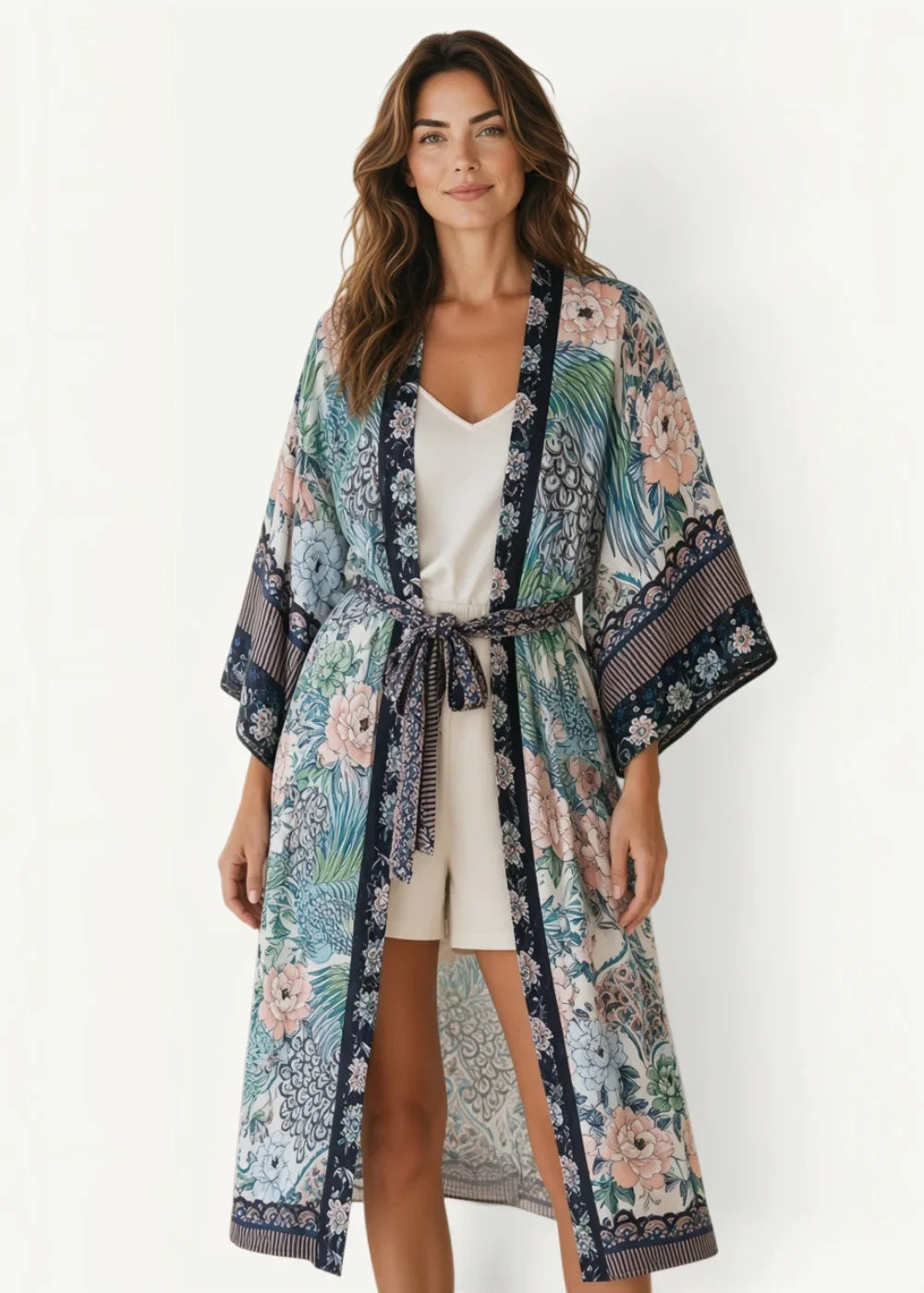 Long kimono beach cover up with flowing long sleeves floral print navy blue border and lace trim