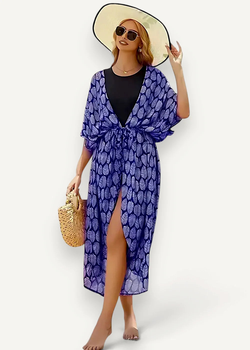 Long kimono cardigan flowing blue leaf patterned beach cover-up with tie-front design and side slit