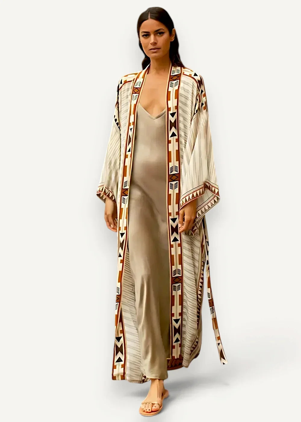 Long kimono cardigan women’s with flowing beige and brown geometric pattern and satin-like inner lining