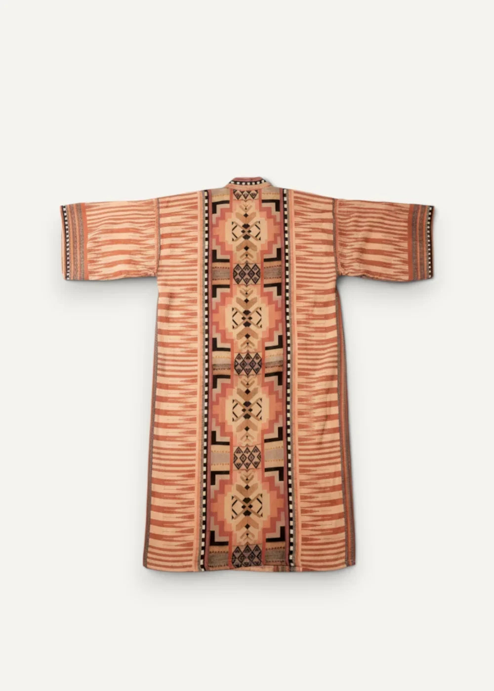 Long kimono dress with warm terracotta and beige stripes featuring an intricate geometric design down the front