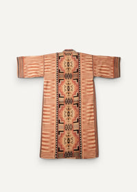 Long kimono dress with warm terracotta and beige stripes featuring an intricate geometric design down the front