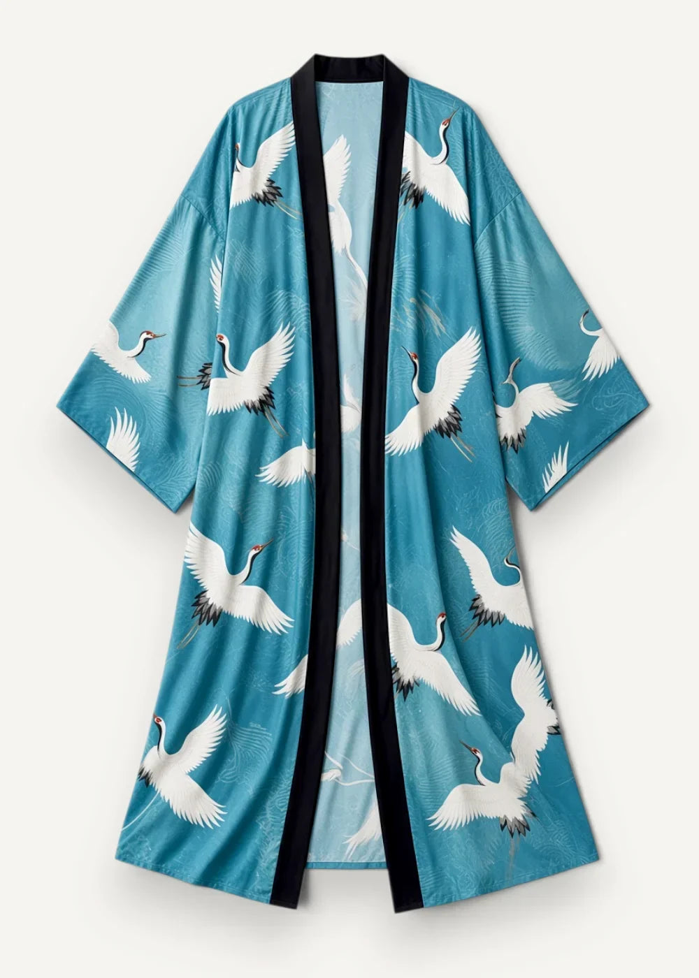 Long kimono duster in teal with white crane pattern and black trim featuring a kimono-style robe design