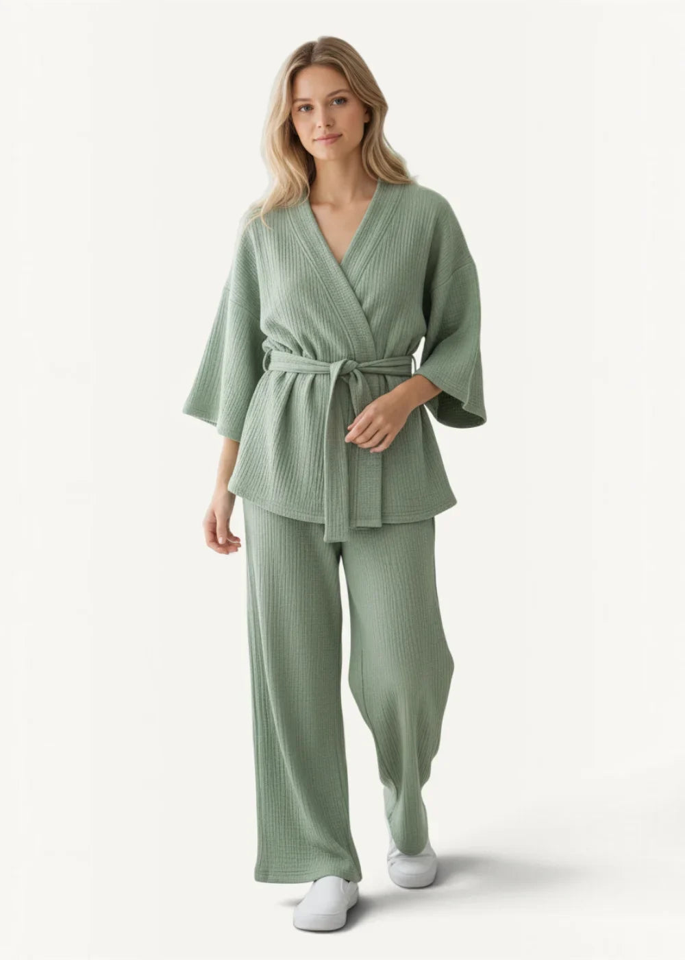 Long kimono pajamas soft sage green ribbed knit two-piece loungewear set with belted top and wide-leg pants