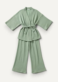 Long kimono pajamas in soft sage green textured cotton with wide sleeves and matching flared pants
