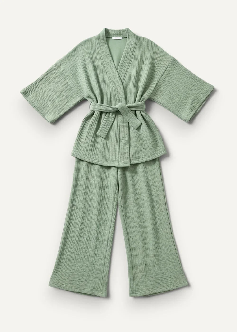 Long kimono pajamas in soft sage green textured cotton with wide sleeves and matching flared pants