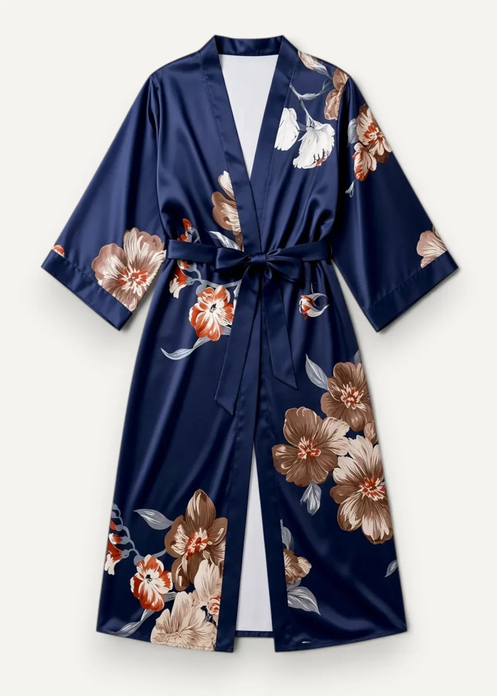 Long kimono robe in navy blue satin with brown and white floral pattern and matching belt tied at the waist