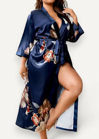 Long kimono robe in navy blue satin with orange beige and white floral pattern for elegant loungewear