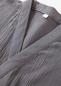 Long kimono style dressing gown in dark gray textured cotton with soft crinkled fabric and traditional overlapping front design