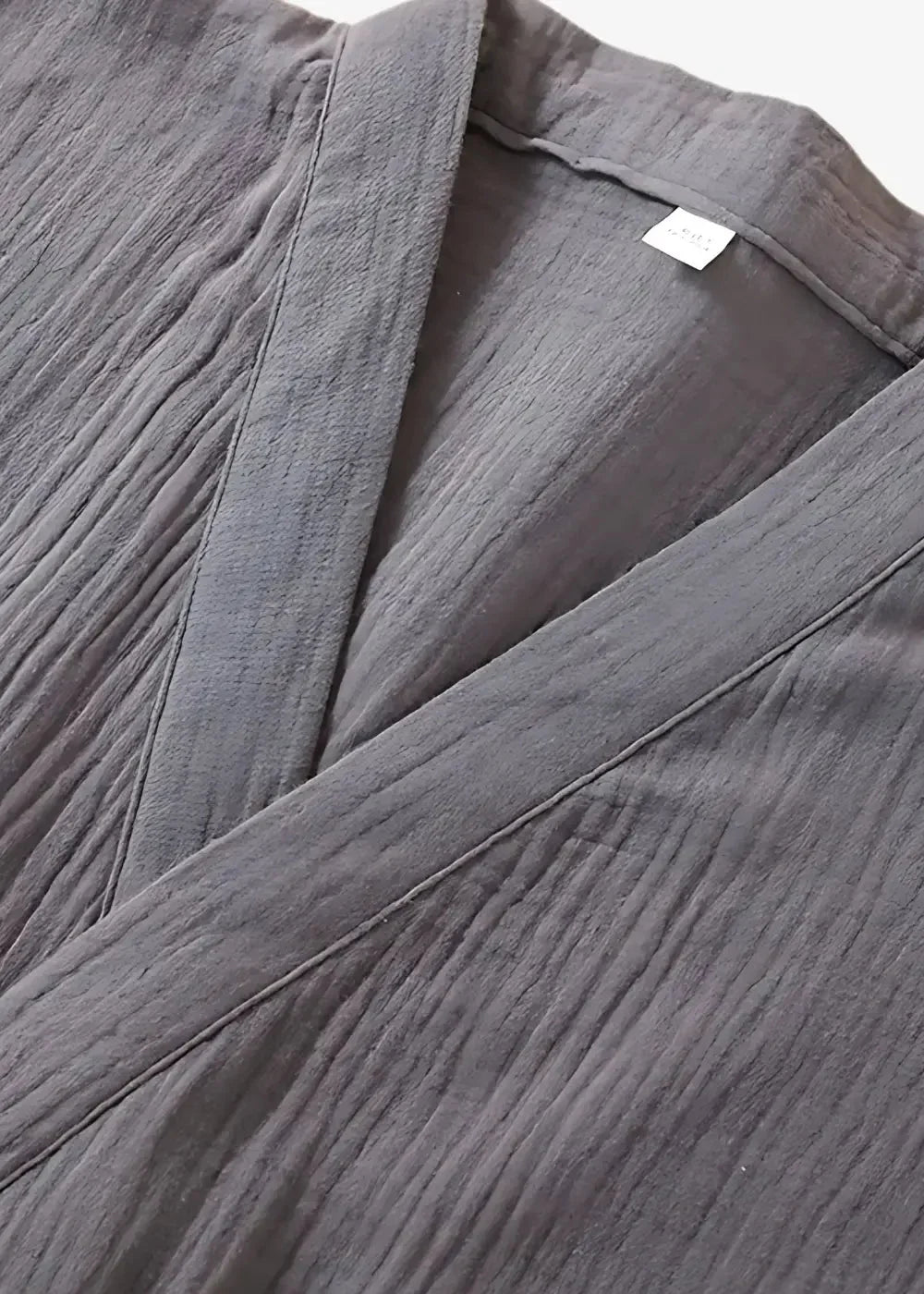Long kimono style dressing gown in dark gray textured cotton with soft crinkled fabric and traditional overlapping front design