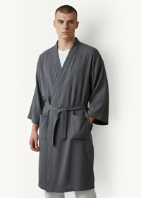 Long kimono style dressing gown in dark gray textured cotton with belted waist and two front pockets