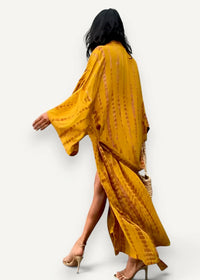 Long kimono swim cover up mustard-yellow tie-dye kaftan with wide sleeves and high slit for beachwear