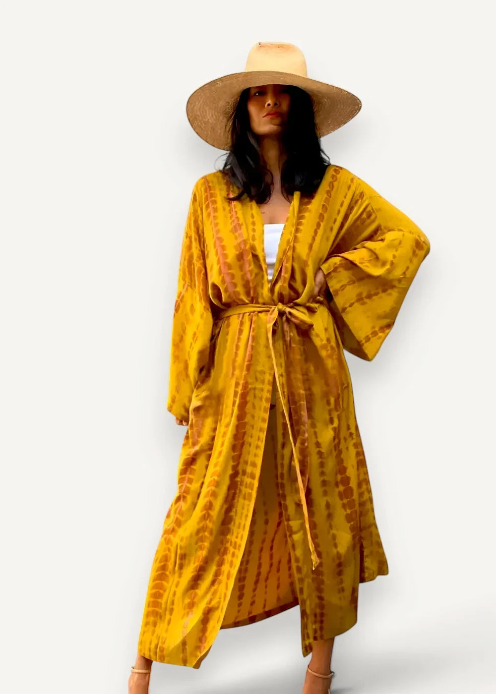 Long kimono swim cover up in flowing mustard yellow tie dye with belted waist and wide sleeves