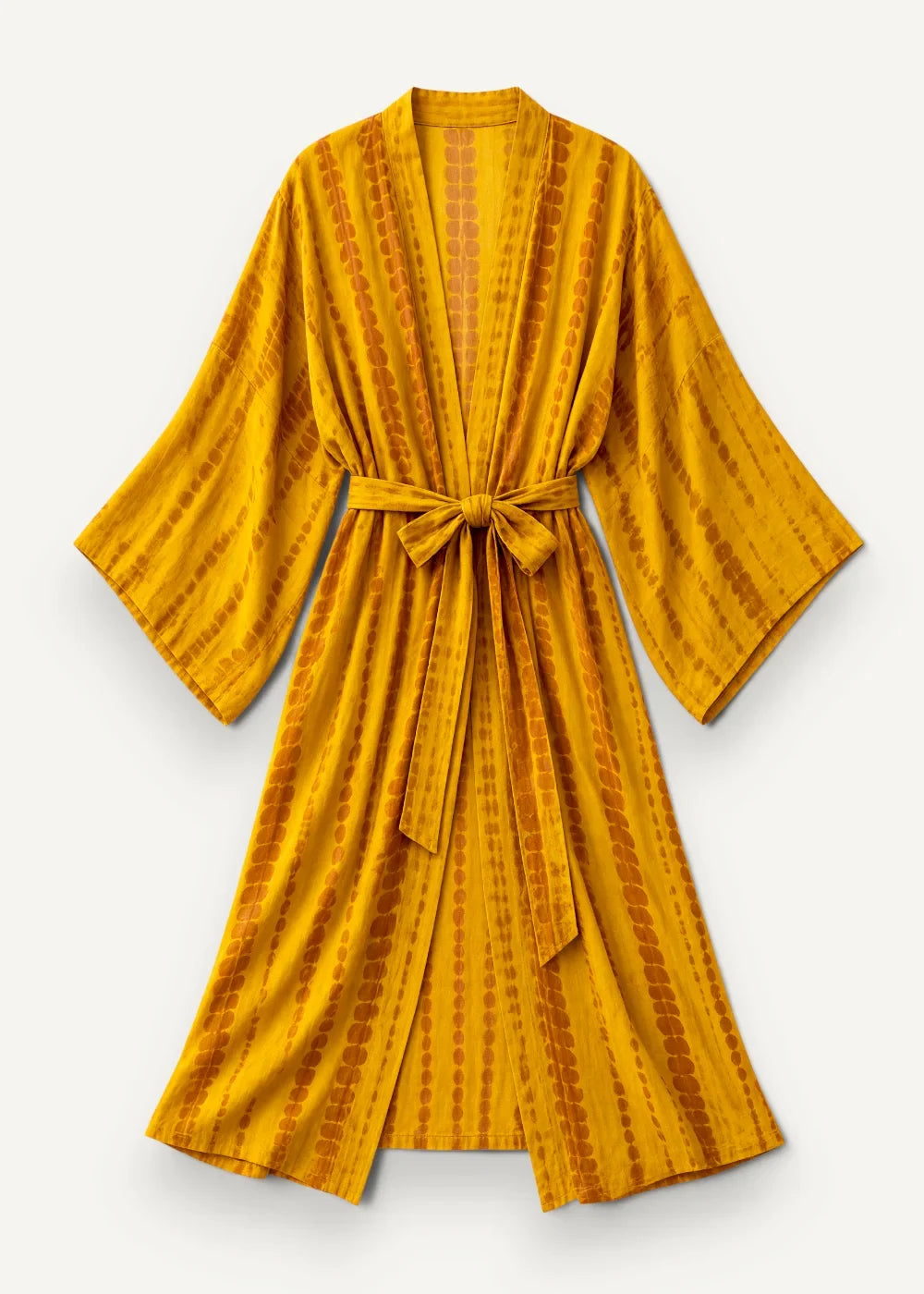 Long kimono swim cover up in vibrant mustard yellow with tie dye pattern wide sleeves and self tie belt
