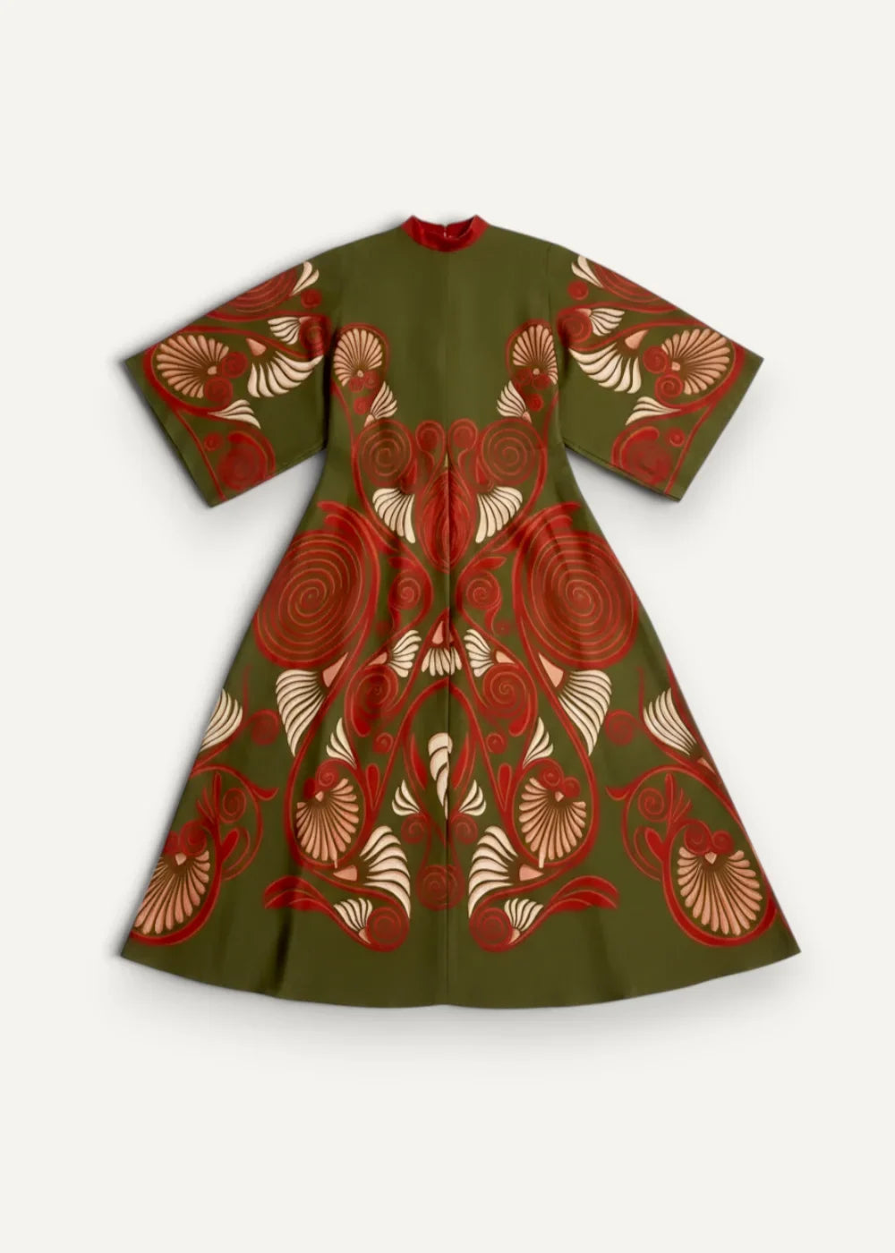 Olive green long kimono wrap dress with bold red and cream abstract floral patterns in a-line silhouette