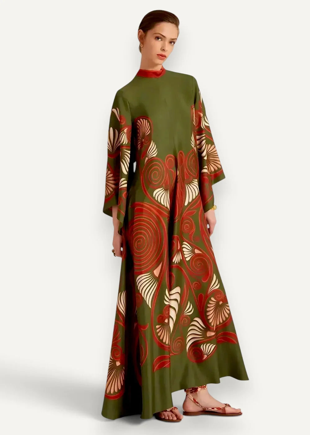 Olive green long kimono wrap dress with bold red and cream abstract floral patterns high neckline and bell sleeves